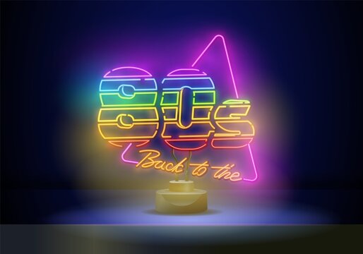 Back to the 80s neon sign vector. 80 s Retro style Design template neon sign, light banner, neon signboard, nightly bright advertising, light inscription. Vector illustration