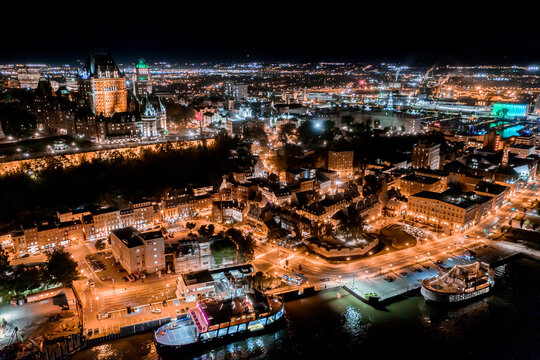 Aerial view of Quebec City skyline in Canada at night from drone