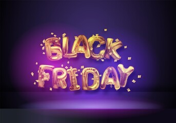 Black friday dark background with golden foil balloons. Web site template design. Online shopping. Vector illustration.