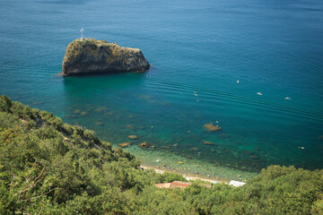 Blue sea, mountains, seascape, beach, blue lagoon. Crimea, Cape Phiolent