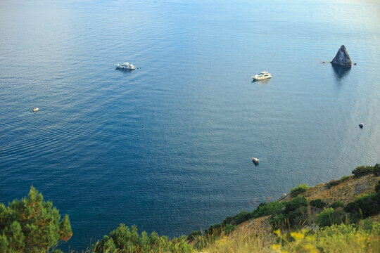 Blue sea, mountains, seascape, beach, blue lagoon. Crimea, Cape Phiolent