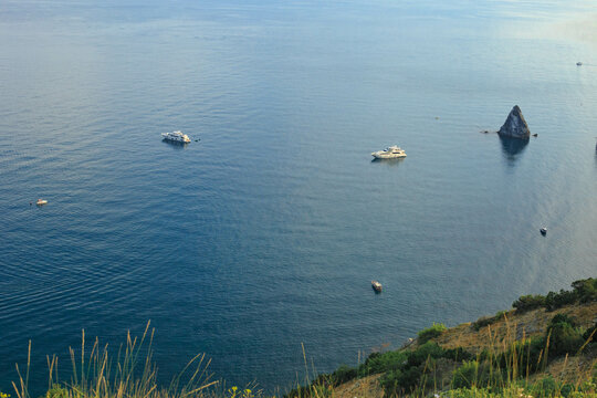 Blue sea, mountains, seascape, beach, blue lagoon. Crimea, Cape Phiolent