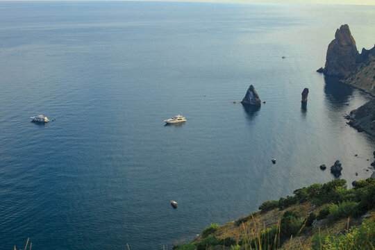 Blue sea, mountains, seascape, beach, blue lagoon. Crimea, Cape Phiolent