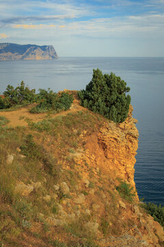 Blue sea, mountains, seascape, beach, blue lagoon. Crimea, Cape Phiolent