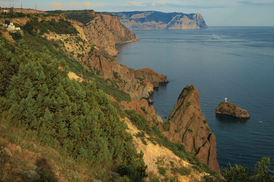 Blue sea, mountains, seascape, beach, blue lagoon. Crimea, Cape Phiolent