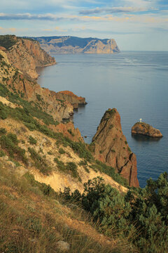 Blue sea, mountains, seascape, beach, blue lagoon. Crimea, Cape Phiolent