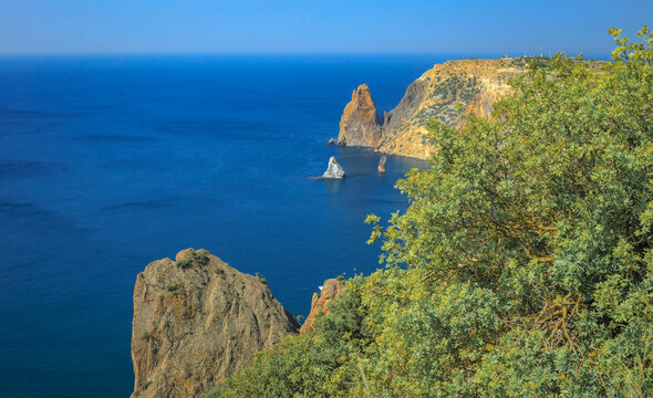Blue sea, mountains, seascape, beach, blue lagoon. Crimea, Cape Phiolent