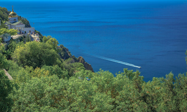 Blue sea, mountains, seascape, beach, blue lagoon. Crimea, Cape Phiolent