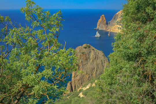 Blue sea, mountains, seascape, beach, blue lagoon. Crimea, Cape Phiolent