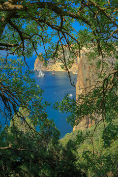Blue sea, mountains, seascape, beach, blue lagoon. Crimea, Cape Phiolent