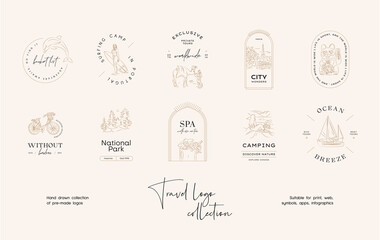 Hand drawn line art minimal travel vector logo design template collection. Illustration of elegant signs and badges for travel agency, photoraphers, travel bloggers.