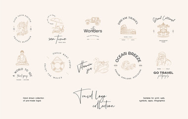 Hand drawn line art minimal travel vector logo design template collection. Illustration of elegant signs and badges for travel agency, photoraphers, travel bloggers.
