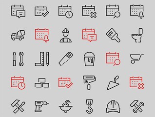 Fototapeta na wymiar Set of construction icons, simple vector lines, contains the following icons: builder, roller, hammer with wrench, toilet bowl and much more. Editable stroke. 48x48 pixels perfect, white background