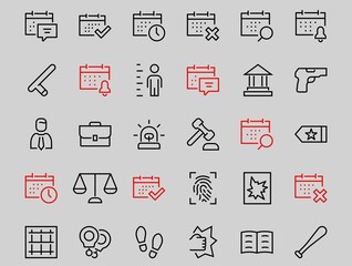 Court, Law and Justice Icon Set contains such icons as Law, Police, Prison, Handcuffs, Pistol, Editable stroke. Modern subtle symbols
