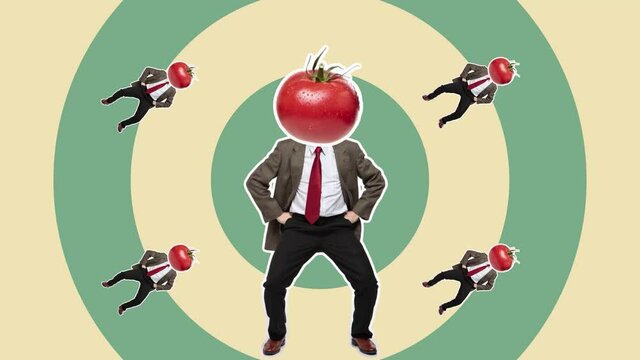 Stop motion design or art 2D animation. Dancing businessman with tomato head. Fashion dance with color background. Funny man. Modern, conceptual, contemporary bright 4k collage. Party time concept