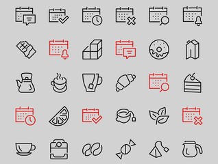 Fototapeta premium COFFEE and TEA LINEAR ICONS SET, contains Icons of tea, tea bag, Coffee machine, cake, sugar, teapot, cup, milk, cream, Lemon, chocolate bar, LINEAR ICONS Editable stroke