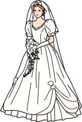 ウェディングドレスを着た女性全身　パフスリーブ