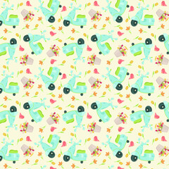 Fototapeta na wymiar Blue scooter/bike with flowers and birds on light background. Spring seamless vector pattern