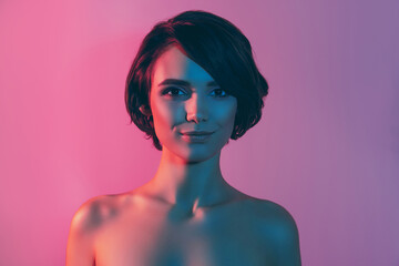 Photo portrait calm pretty girl nude shoulders wearing bob hairstyle smiling isolated neon color...