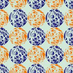 Marble effect circles vector seamless pattern background. Geometric grid of marbling stencil style circle round shapes in tropical blue, indigo, orange. Abstract texture repeat for packaging