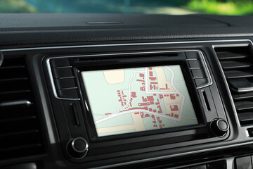 Closeup view of dashboard with navigation system in modern car