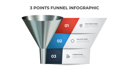 Funnel infographic diagram, chart element with 3 points, list, options, can be used for presentation, digital marketing, sales, etc.