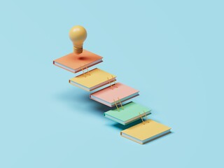 Cascade of colourful books connected by ladders, light bulb on top as symbol of ideas or invention. Studying, education and e-learning concept. 3D illustration.
