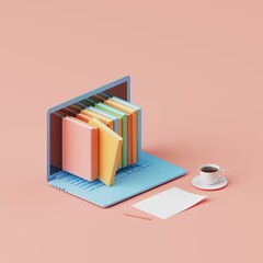 Laptop like a bookshelf. Books standing on open portable computer. Studying, education and e-learning concept. 3D illustration.
