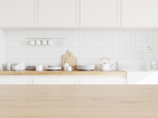 Empty wooden desk in kitchen for displaying your product. Dishes on kitchen counter in background. 3D illustration.