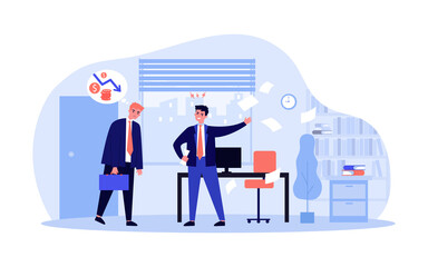 Boss dissatisfied with employee work. Flat vector illustration. Frustrated employee thinking about failure while his boss yelling at him in office. Job, business, deadline, conflict, failure concept