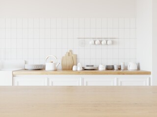 Empty desk with wooden surface for displaying your product. Dishes on kitchen counter in background. 3D illustration.
