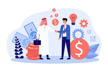 Happy Arab and Caucasian businessmen making deal. Man in national clothes shaking hands with man in suit flat vector illustration. Partnership, investment concept for website or landing web page