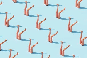 Rows of female legs sticking out from cyan ground and making shadow, arranged in mesh pattern. 3D illustration.