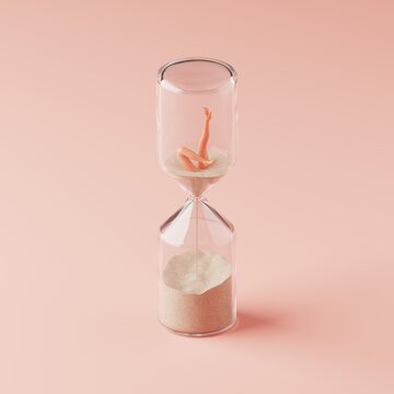 Hourglass with sprinkling sand measuring time. Naked female legs protruding from sand. 3D illustration.