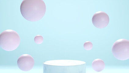 The pedestal on rose background with cylindrical stand concept Backdrop standing empty shelves 3D illustration.