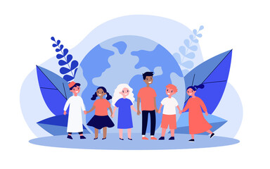 Children of different nationalities in front of globe. Multicultural kids holding hands flat vector illustration. International communication, friendship concept for website design or landing web page