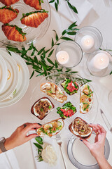 Assorted snacks on a festive New Year's table. Beautiful catering. High quality photo
