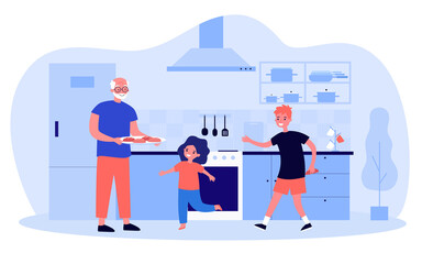 Grandpa cooking with his grandchildren in kitchen. Flat vector illustration. Elderly man holding tray of cookies, girl and boy helping. Family, home, food, vacation, memories, grandparent concept