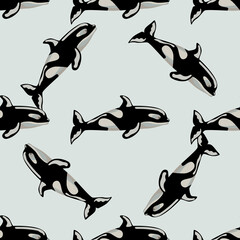 Seamless pattern Orca on gray background. Template of cartoon character of ocean for children.