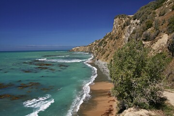 View of Cape Wanbrow coastline and Pacific Ocean. Near Oamaru City. South Island, New Zealand.