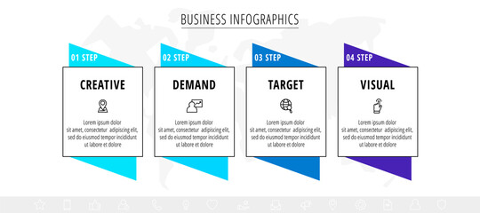 Line minimal infographics timeline with 4 steps rectangle elements. Chart process template with icons. Flat vector for company or corporate business project and presentation