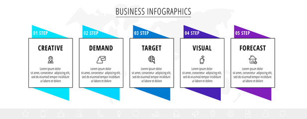 Line minimal infographics timeline with 5 steps rectangle elements. Chart process template with icons. Flat vector for company or corporate business project and presentation
