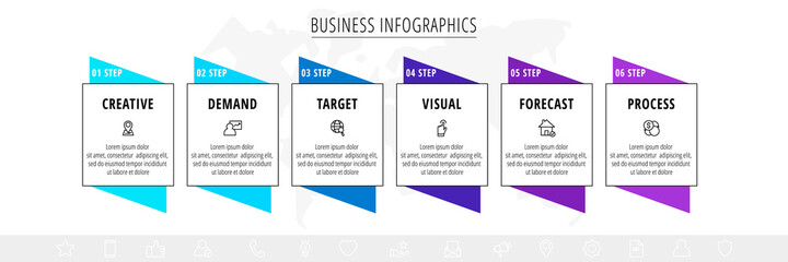Line minimal infographics timeline with six steps rectangle elements. Chart process template with icons. Flat vector for company or corporate business project and presentation