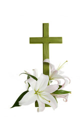 Cross with lilies isolated on white background. Spring background. Easter, baptism or first communion concept