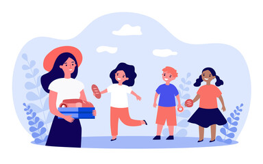 Fototapeta premium Woman in red hat treating children to pastries. Flat vector illustration. Young girl holding in hands box with buns, donuts, cakes, kids happy with treat. Food, pastries, childhood, dessert concept