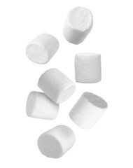 Delicious sweet puffy marshmallows flying on white background
