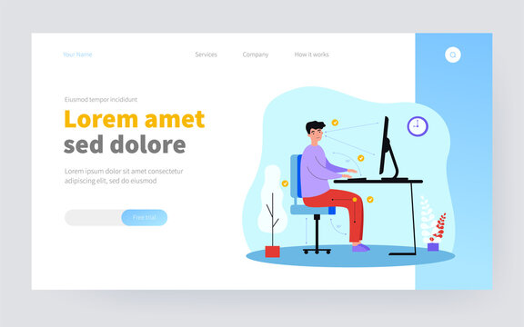 Man sitting at desk in correct position flat vector illustration. Cartoon guy working in right posture for healthy back and keeping distance between computer and eyes. Ergonomic office work concept