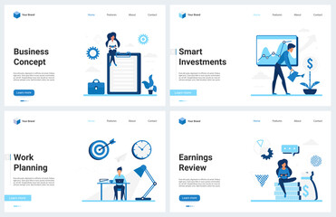Obraz na płótnie Canvas Business investment, businessman planning budget vector illustration. Cartoon modern business concept landing page set for money earnings review, smart investing work plan, financial profit growth