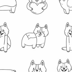 Seamless black-white background with cute corgi dogs in cartoon doodle style. Vector illustration background.