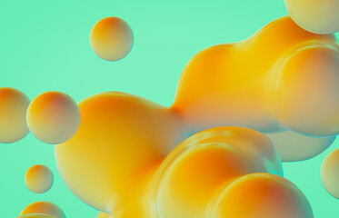 Abstract 3d art background. Holographic floating liquid blobs, soap bubbles, metaballs.